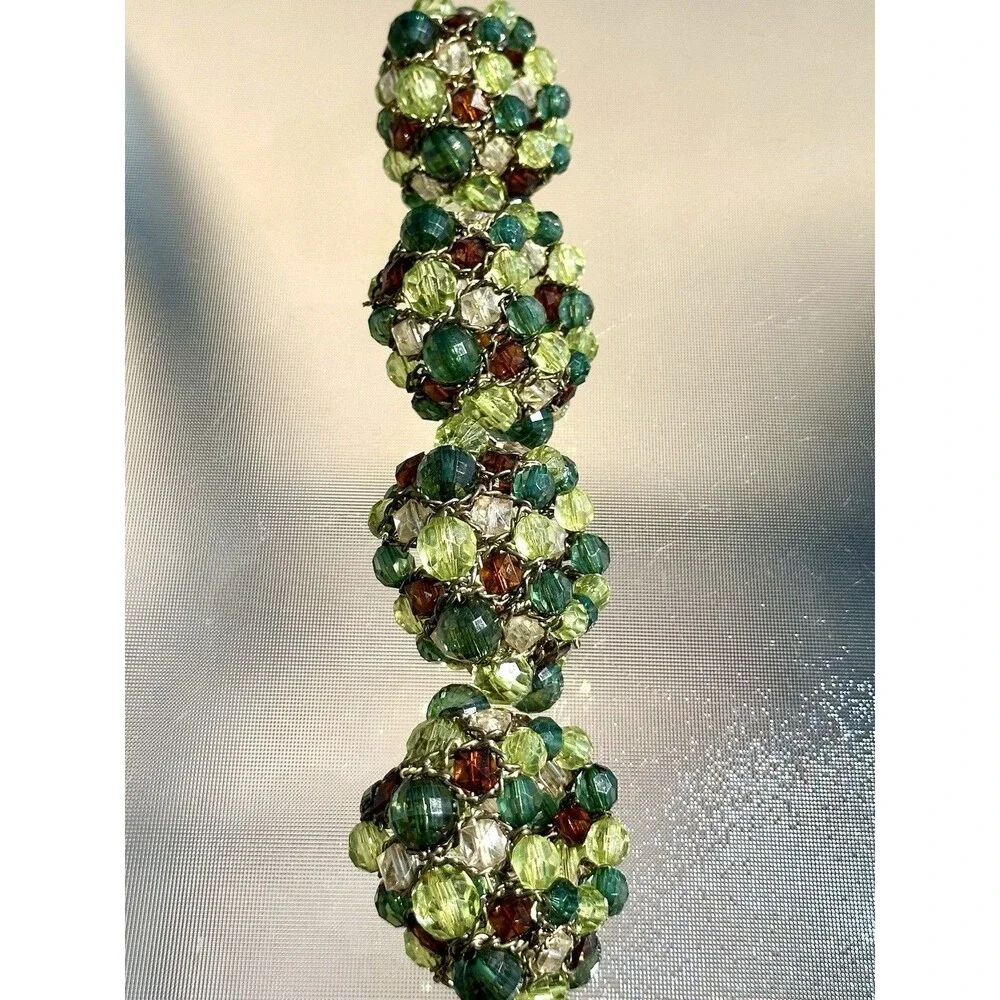 Set Of 4 Pier 1 Imports Green and Amber Faux Crystal Beaded Napkin Rings Round